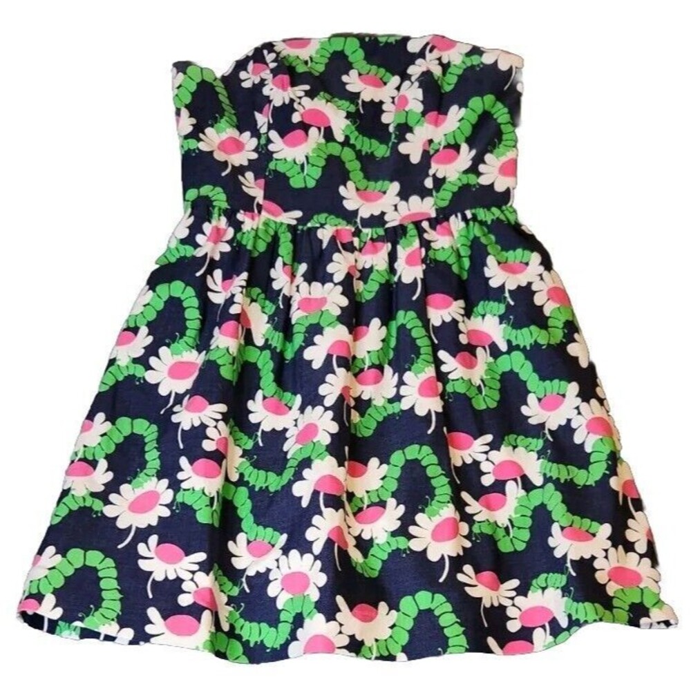 LILLY PULITZER Blue Pink Floral Yum Yum Caterpillar Lottie Strapless Dress Sz 8